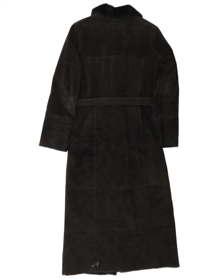 Naf Naf Womens Sherpa Suede Overcoat UK 12 Medium Black Leather Winter