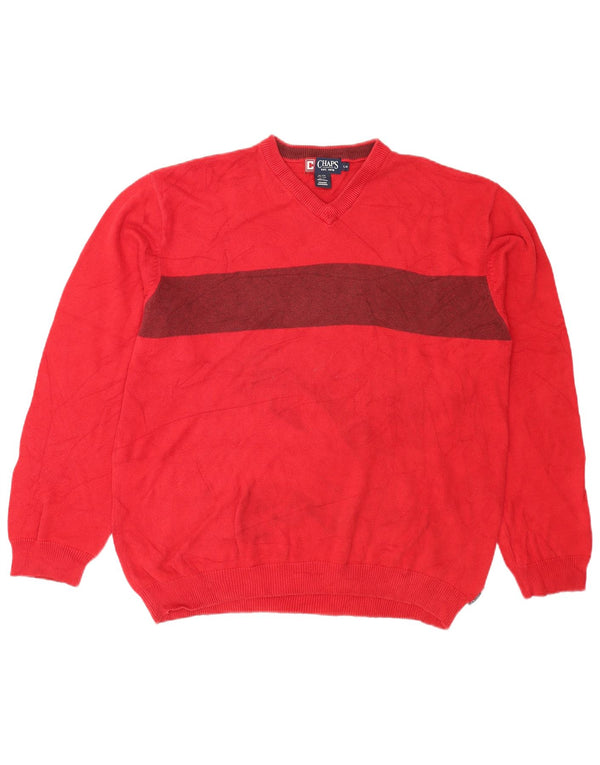 Chaps Mens V-Neck Jumper Sweater Large Red Colourblock Cotton
