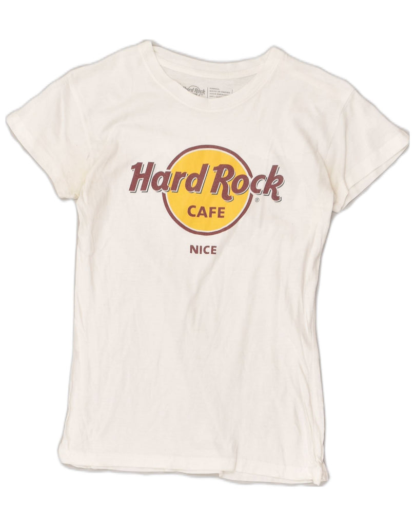 HARD ROCK CAFE Womens Nice Graphic T-Shirt Top UK 6 XS White Cotton | Vintage Hard Rock Cafe | Thrift | Second-Hand Hard Rock Cafe | Used Clothing | Messina Hembry 