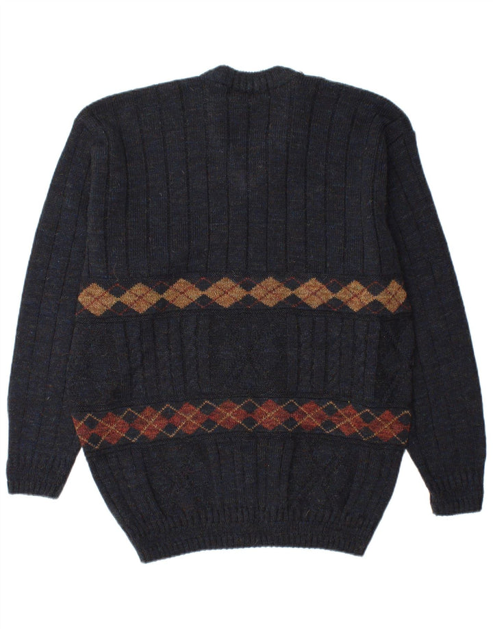 BERKERTEX  Mens V-Neck Jumper Sweater Large Navy Blue Argyle/Diamond