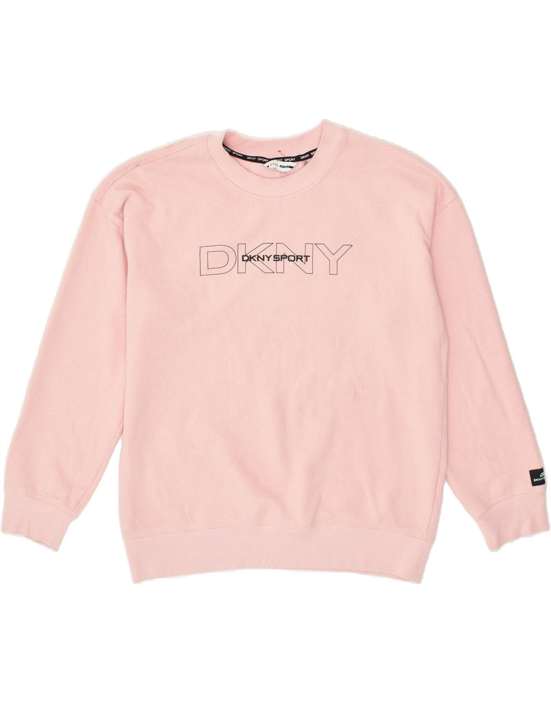 DKNY Womens Loose Fit Graphic Sweatshirt Jumper UK 14 Medium Pink Cotton | Vintage Dkny | Thrift | Second-Hand Dkny | Used Clothing | Messina Hembry 