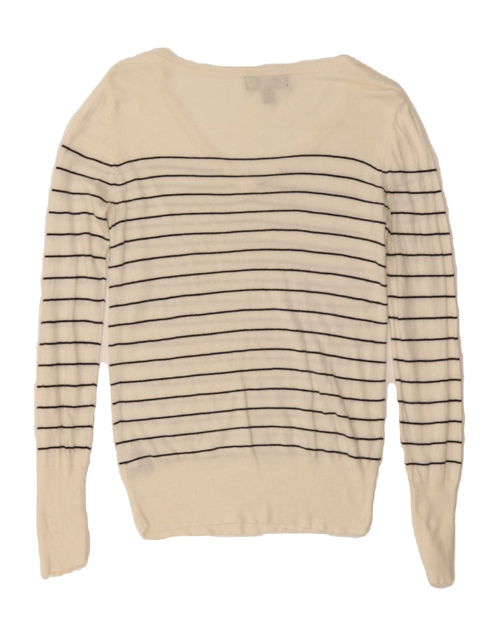 MOSSIMO Womens V-Neck Jumper Sweater UK 12 Medium White Pinstripe Nylon Vintage Mossimo and Second-Hand Mossimo from Messina Hembry 