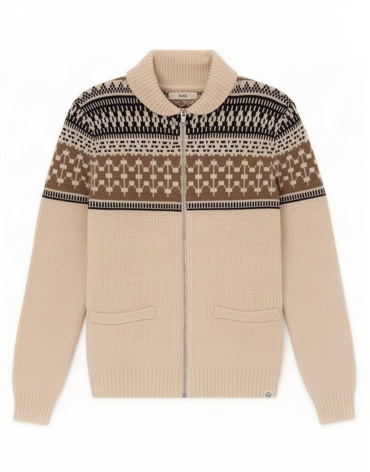 Marks & Spencer Mens Full Zip Cardigan Sweater Medium Off White Fair Isle