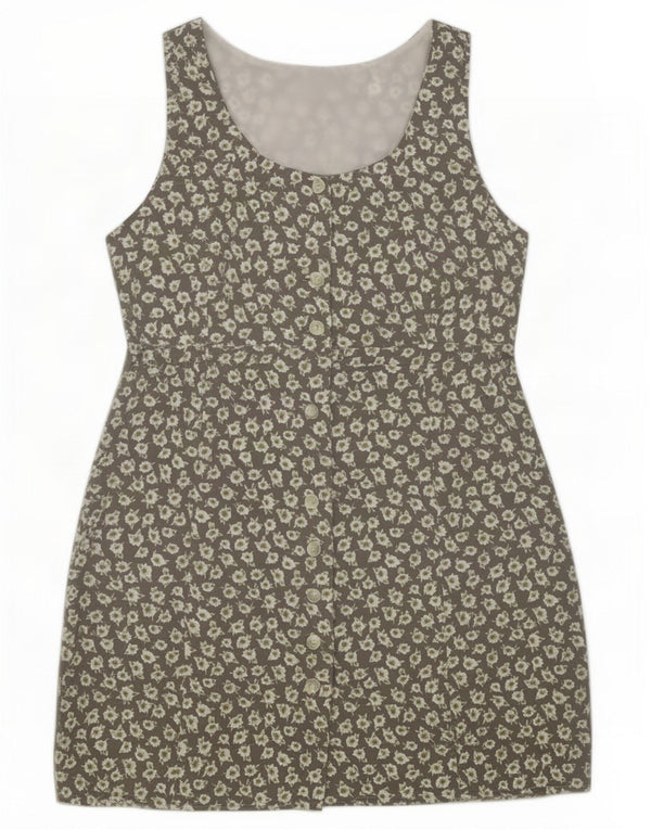 Vintage Womens Sleeveless Shirt Dress UK 12 Medium Grey Floral