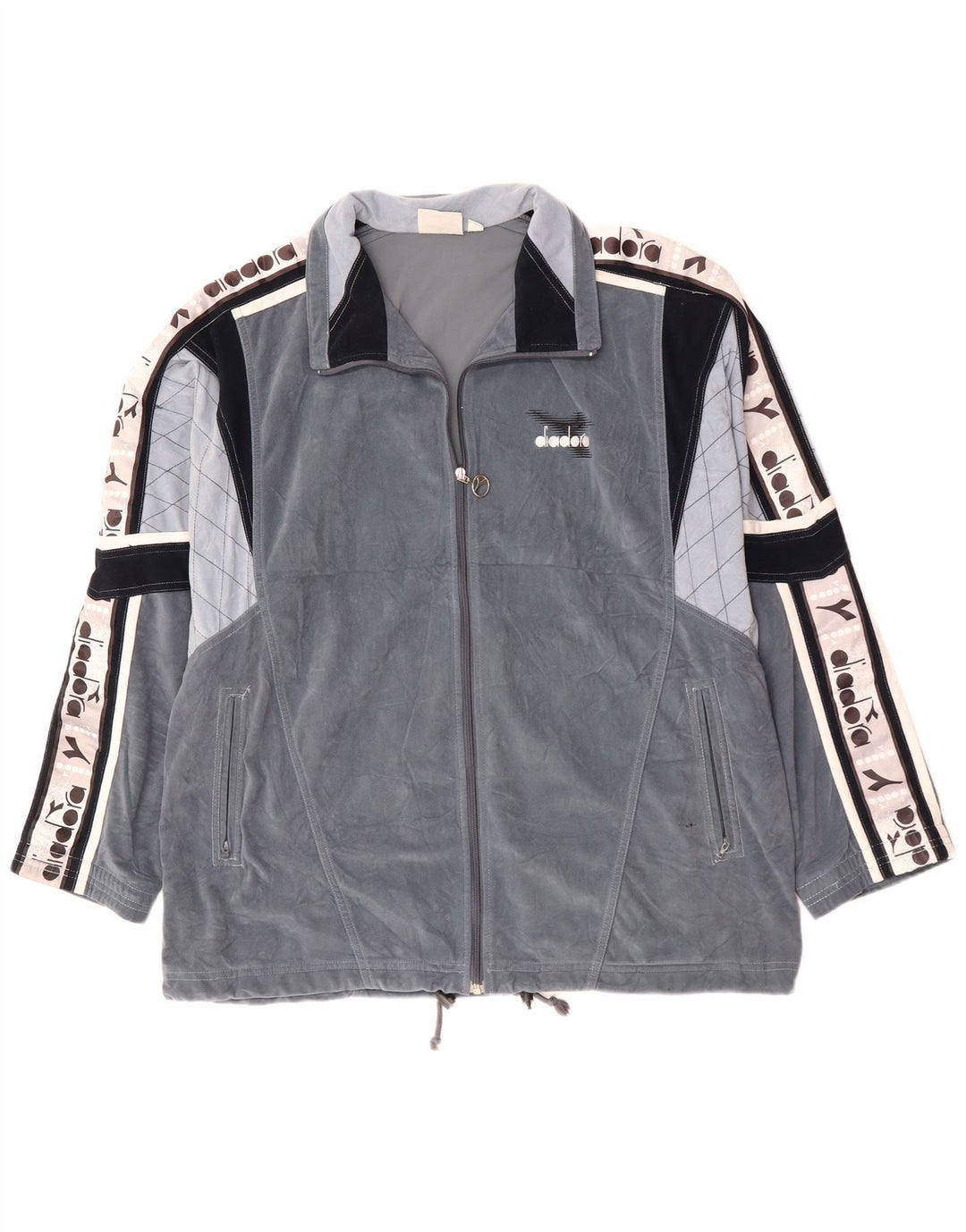 DIADORA Mens Graphic Velour Tracksuit Top Jacket UK 46 XL Grey Colourblock