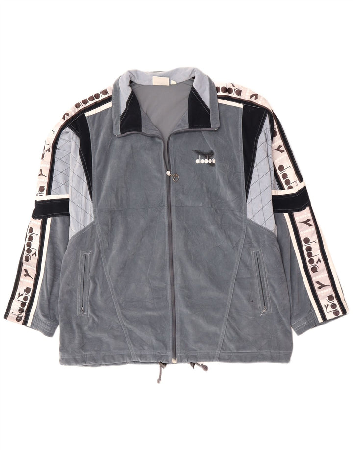 DIADORA Mens Graphic Velour Tracksuit Top Jacket UK 46 XL Grey Colourblock