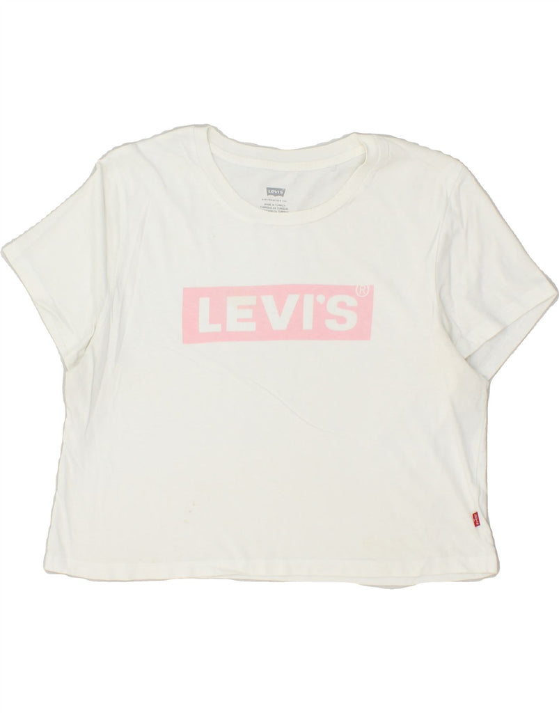 LEVI'S Womens Crop Graphic T-Shirt Top UK 14 Medium White | Vintage Levi's | Thrift | Second-Hand Levi's | Used Clothing | Messina Hembry 