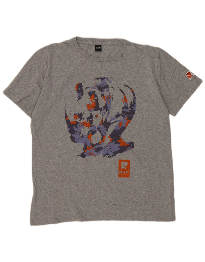 REPLAY Womens Graphic T-Shirt Top UK 16 Large Grey