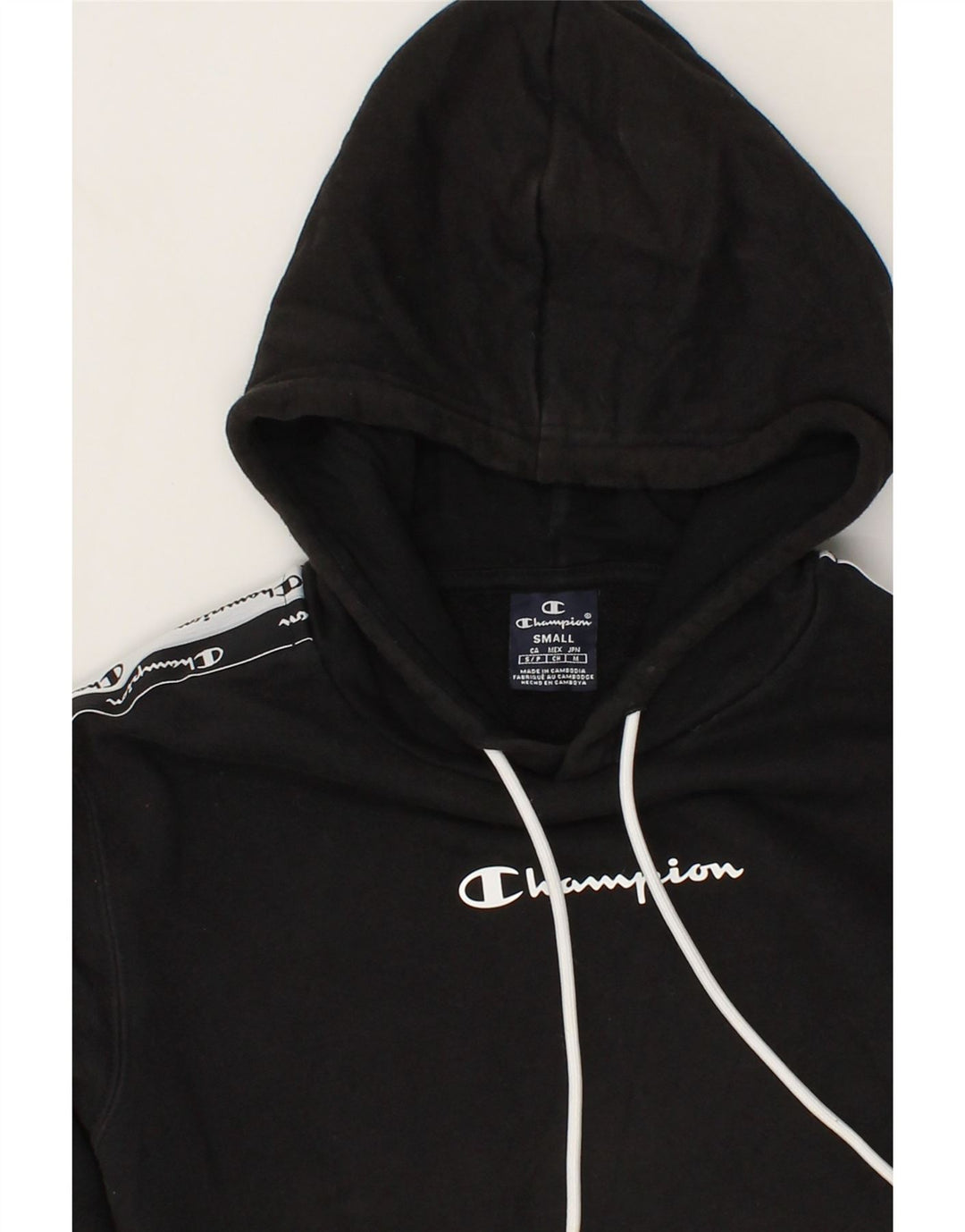 CHAMPION Mens Graphic Hoodie Jumper Small Black Cotton Vintage Champion and Second-Hand Champion from Messina Hembry 