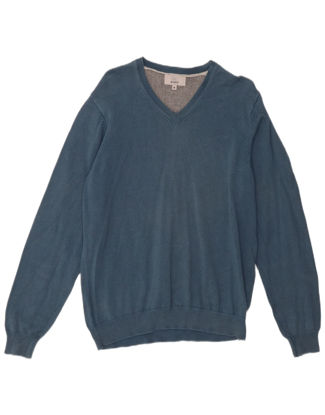 Marks & Spencer Mens Regular Fit V-Neck Jumper Sweater Medium Blue Cotton