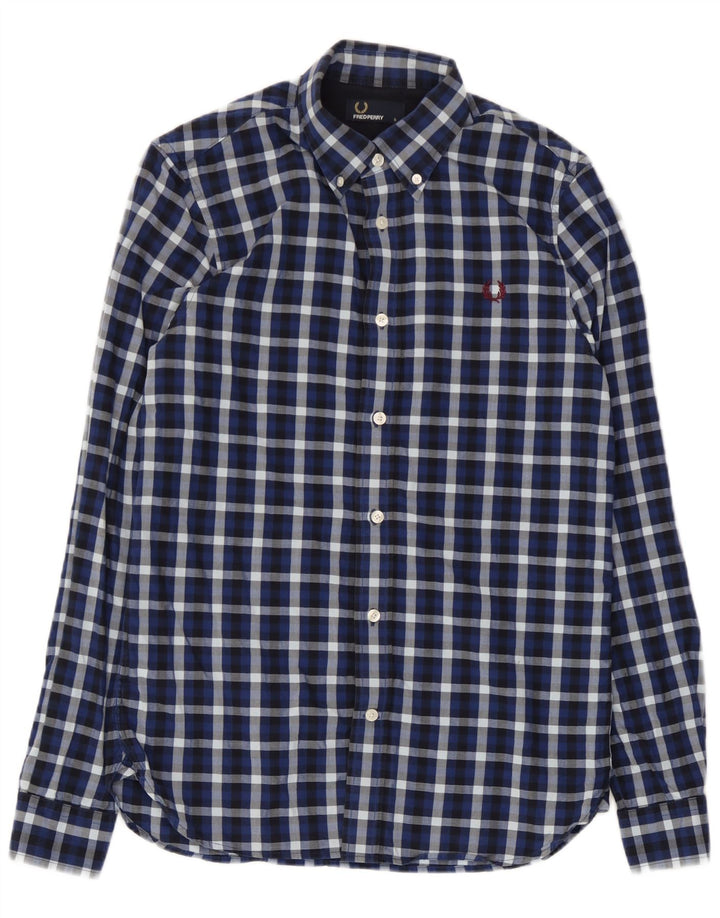 Fred Perry Mens Shirt Small Navy Blue Check Cotton
