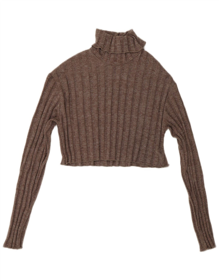 ZARA Womens Crop Roll Neck Jumper Sweater UK 10 Small Brown Polyester