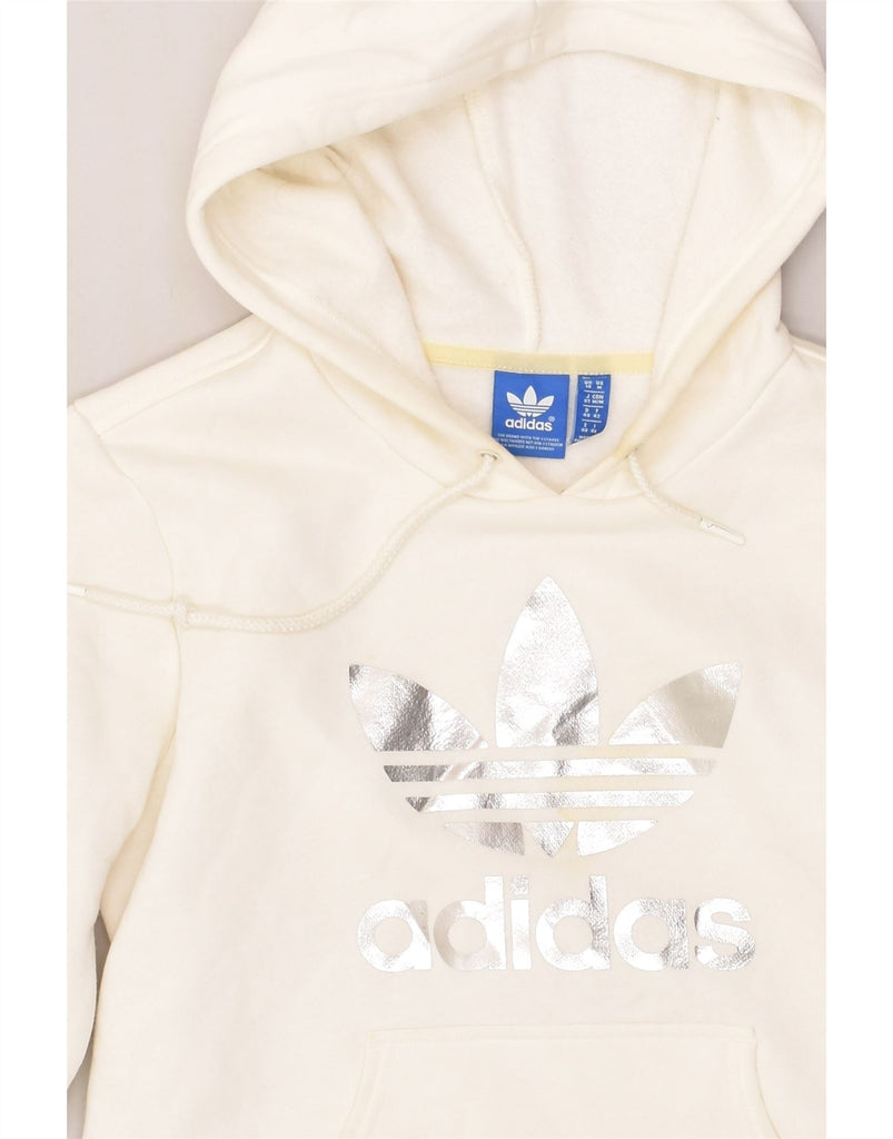 ADIDAS Womens Graphic Hoodie Jumper UK 14 Medium Off White Cotton | Vintage Adidas | Thrift | Second-Hand Adidas | Used Clothing | Messina Hembry 