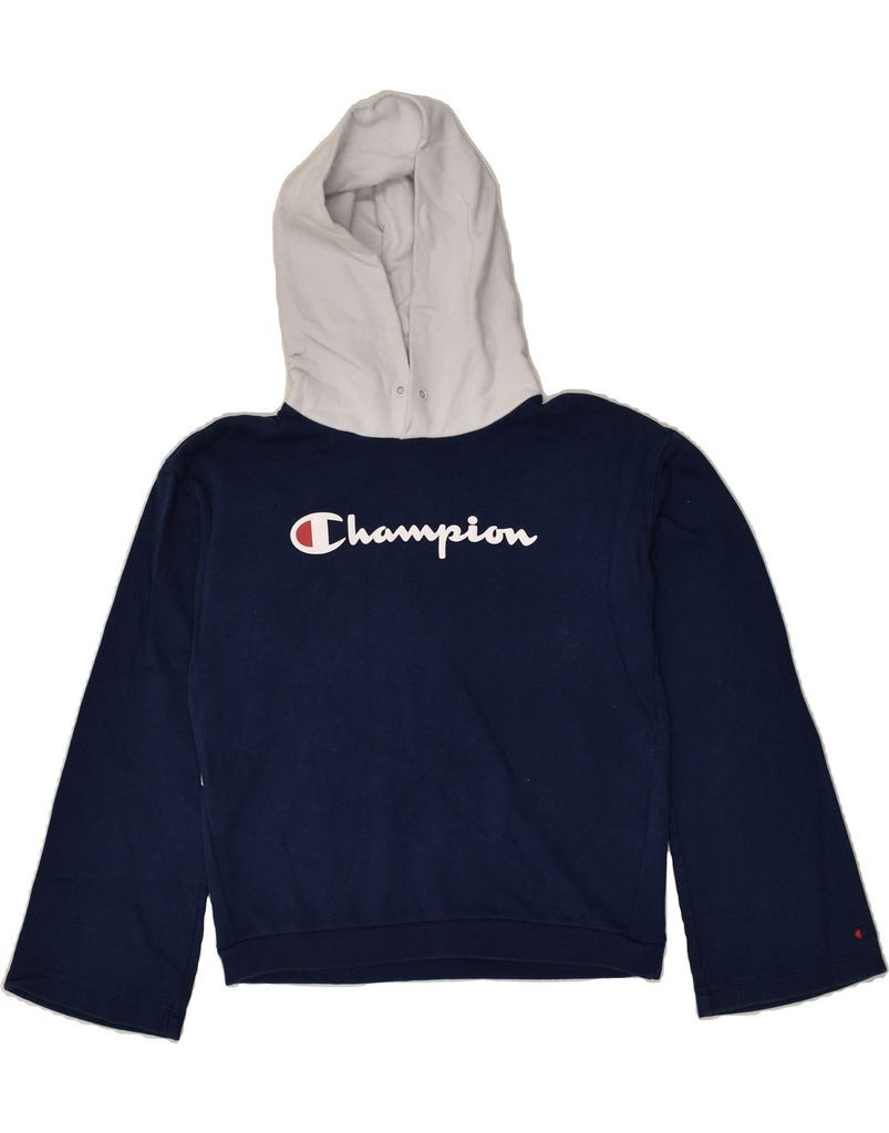 CHAMPION Womens Graphic Hoodie Jumper UK 14 Medium Navy Blue Colourblock | Vintage Champion | Thrift | Second-Hand Champion | Used Clothing | Messina Hembry 