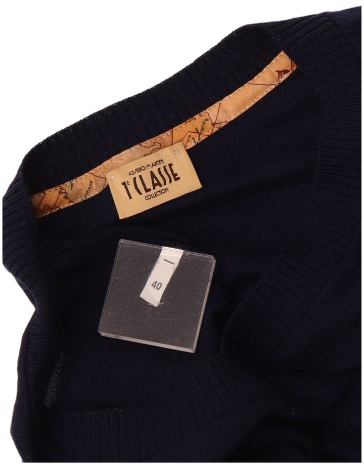 ALVIERO MARTINI Womens Crop V-Neck Jumper Sweater IT 40 Small Navy Blue