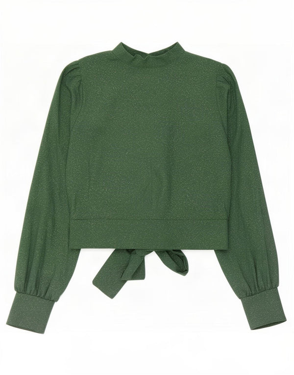 Vintage Womens Crop Shirt Blouse UK 10 Small Green Polyester