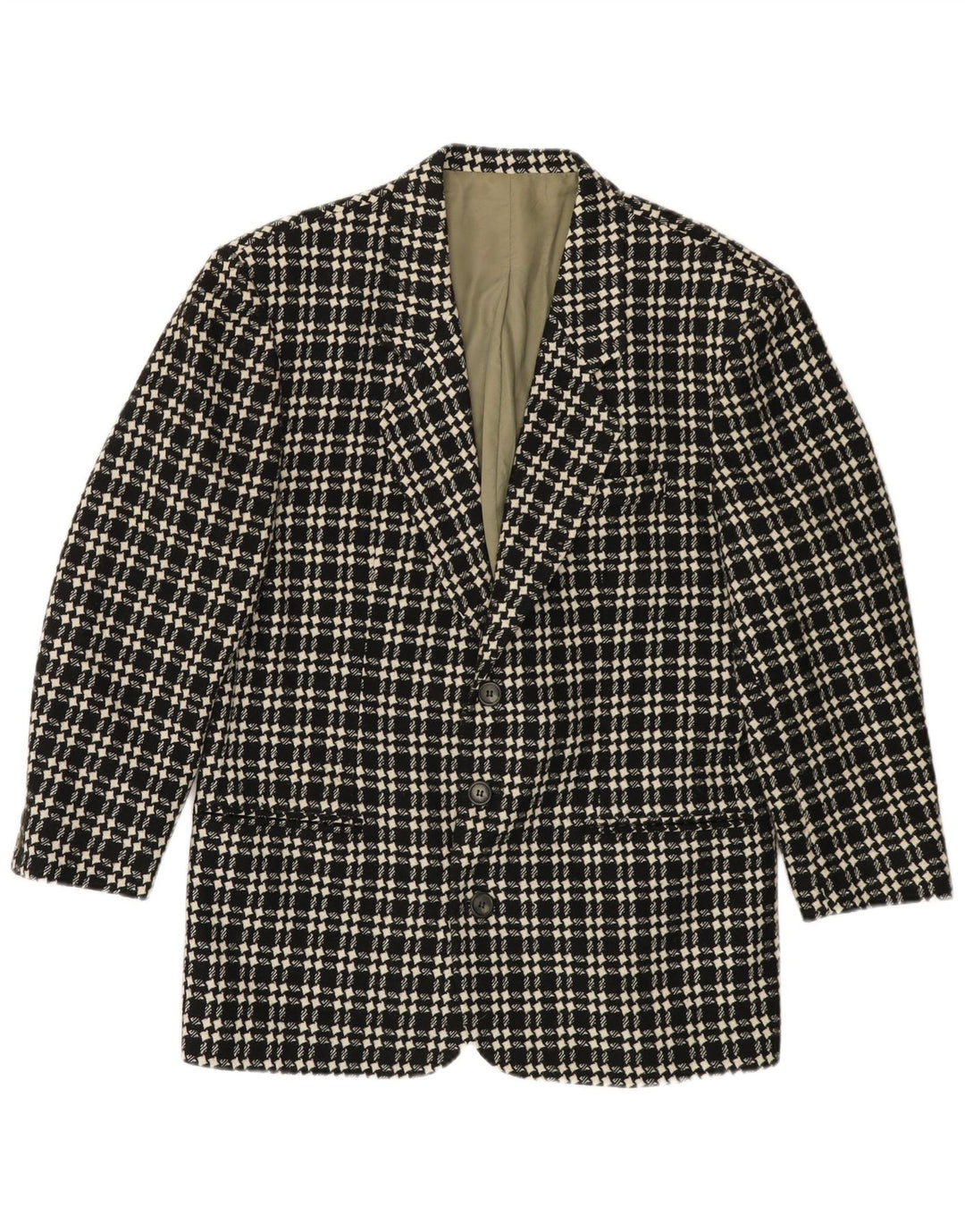 VINTAGE Mens 3 Button Blazer Jacket IT 48 Medium Black Houndstooth Wool