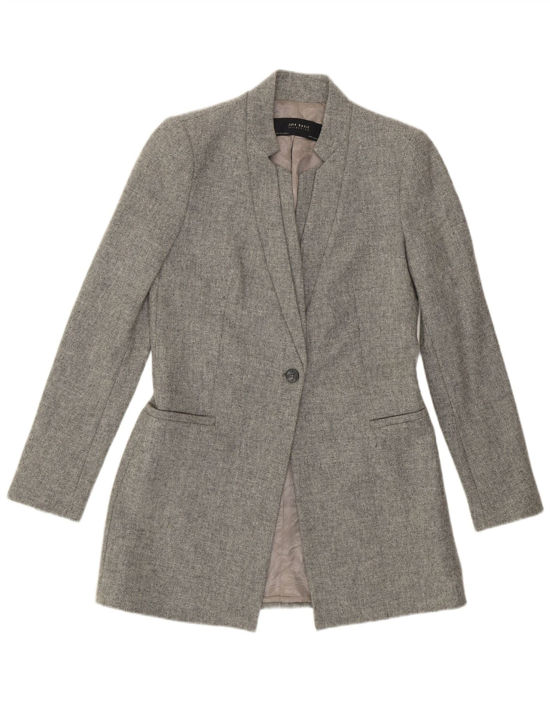 Zara Womens Longline 1 Button Blazer Jacket UK 10 Small Grey Flecked Wool