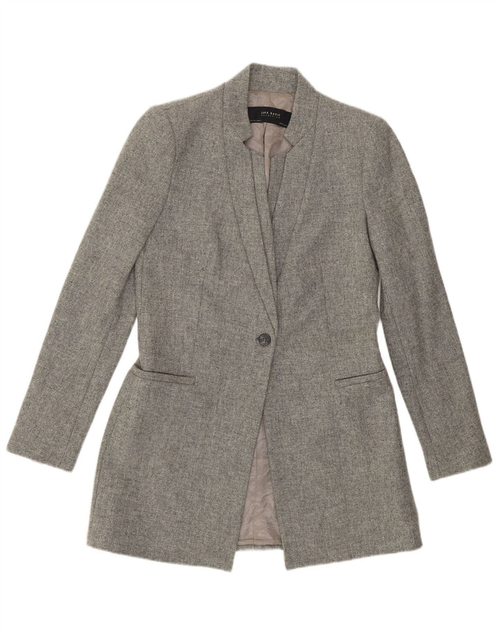 Zara Womens Longline 1 Button Blazer Jacket UK 10 Small Grey Flecked Wool