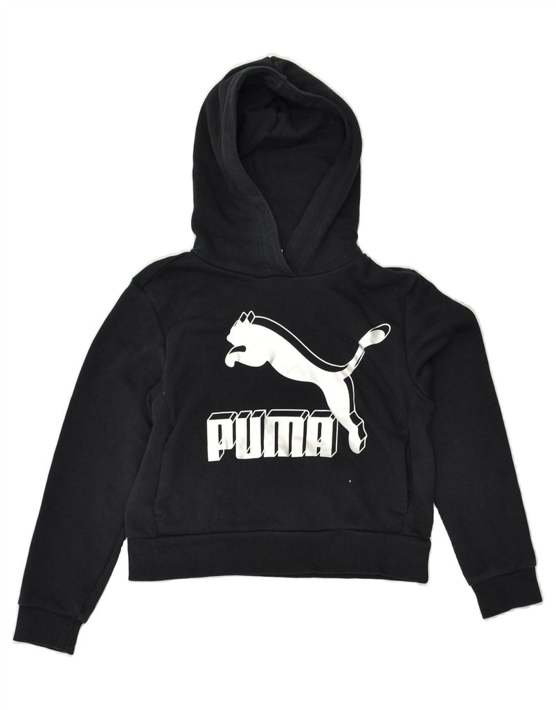 PUMA Girls Graphic Hoodie Jumper 9-10 Years Black Cotton | Vintage Puma | Thrift | Second-Hand Puma | Used Clothing | Messina Hembry 