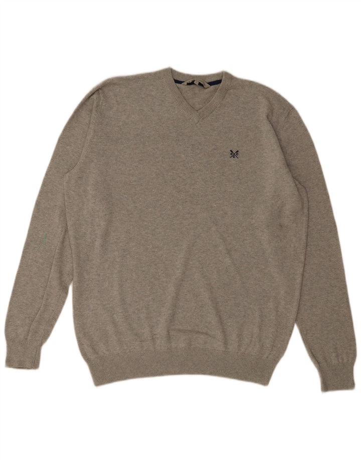 CREW CLOTHING Mens V-Neck Jumper Sweater Large Grey Cotton