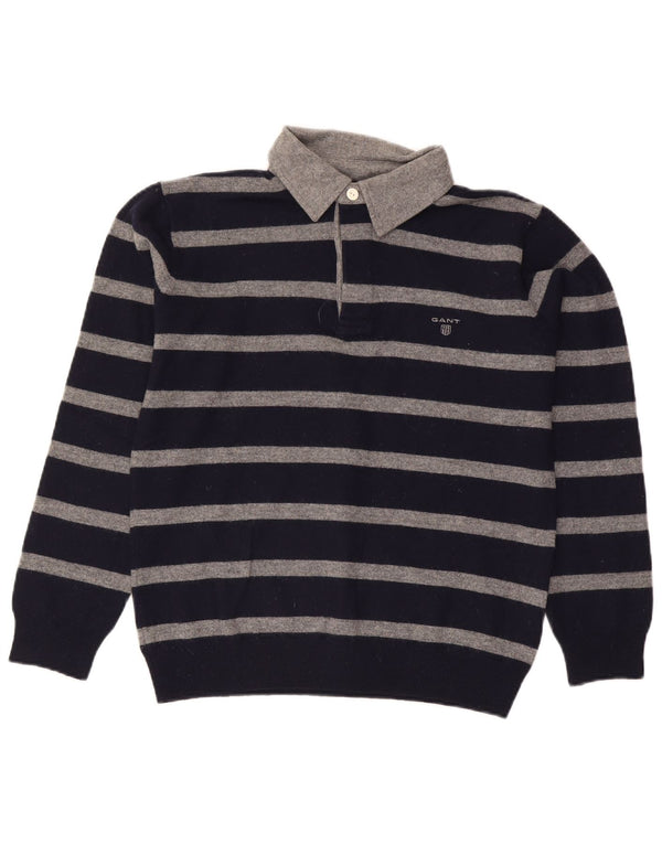 Gant Mens Polo Neck Jumper Sweater Large Navy Blue Striped Lambswool