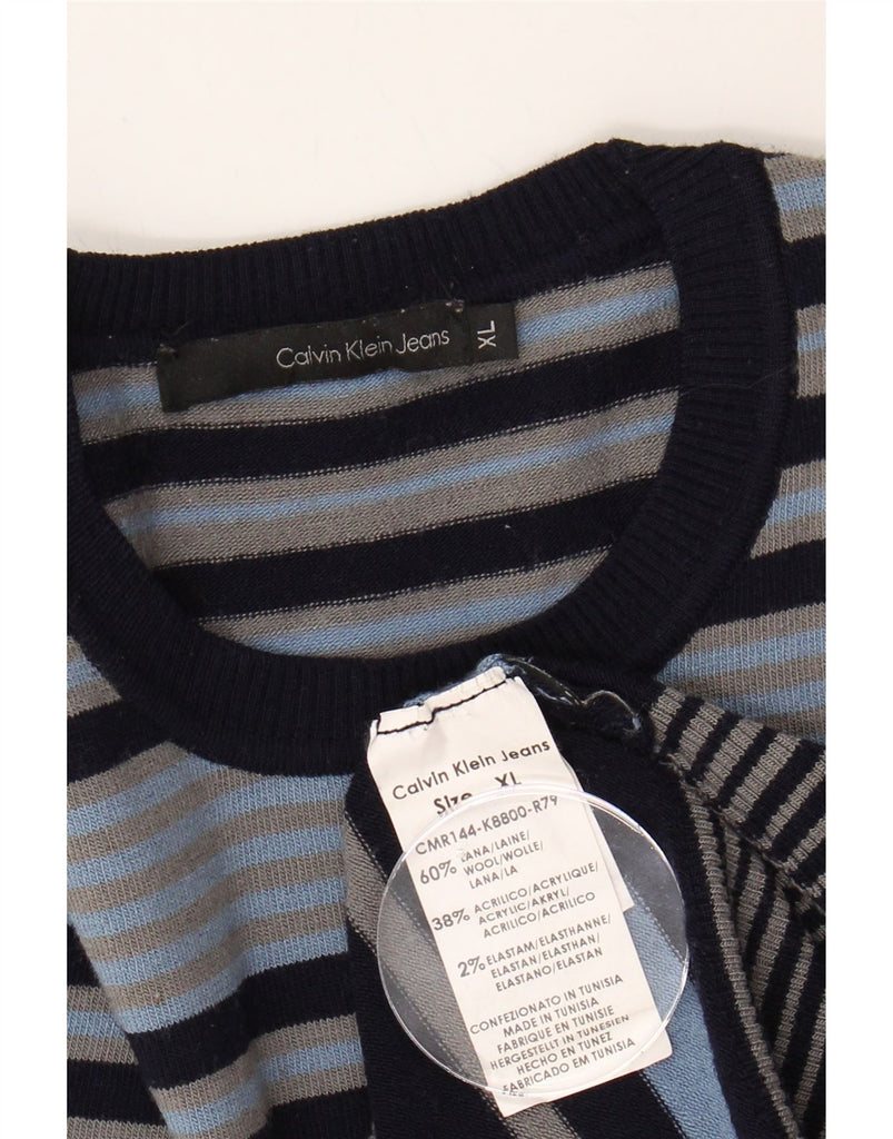 CALVIN KLEIN JEANS Mens Crew Neck Jumper Sweater XL Blue Striped Wool Vintage Calvin Klein Jeans and Second-Hand Calvin Klein Jeans from Messina Hembry 