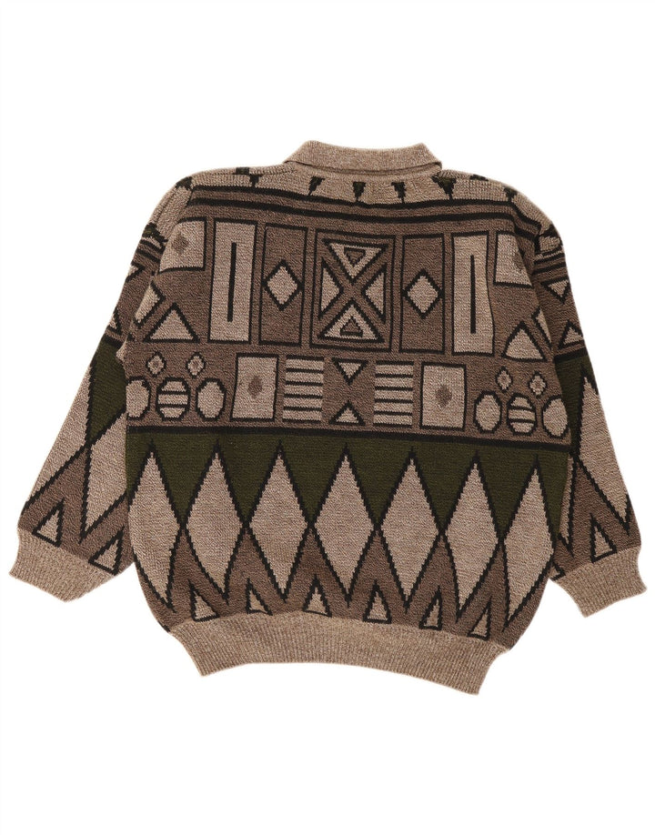 Vintage Mens Polo Neck Jumper Sweater Medium Brown Geometric