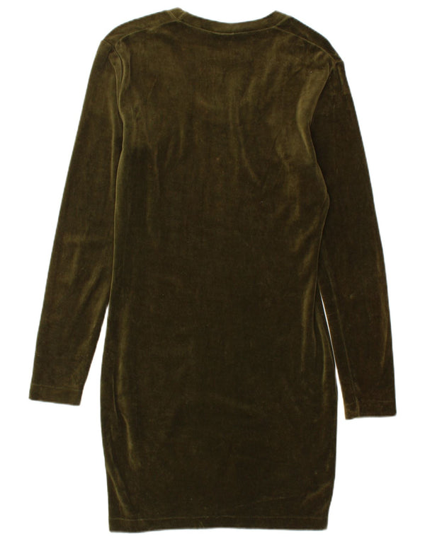 BENETTON Womens Long Sleeve Velvet Bodycon Dress UK 8 Small Green Cotton