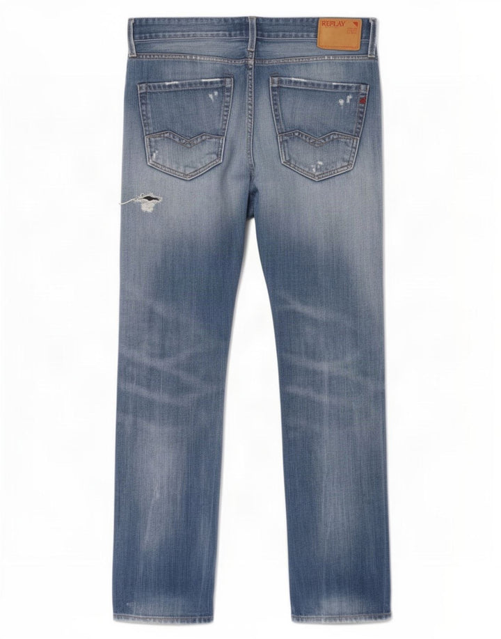 Replay Mens Waitom Distressed Straight Jeans W31 L32 Blue Cotton