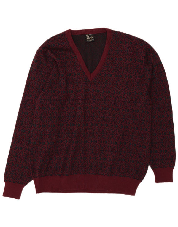 Mapier Mens V-Neck Jumper Sweater Medium Burgundy Fair Isle Wool