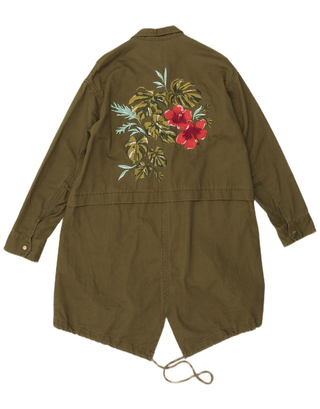 Zara Womens Graphic Oversized Parka Jacket UK 6 XS Khaki Floral Polyester