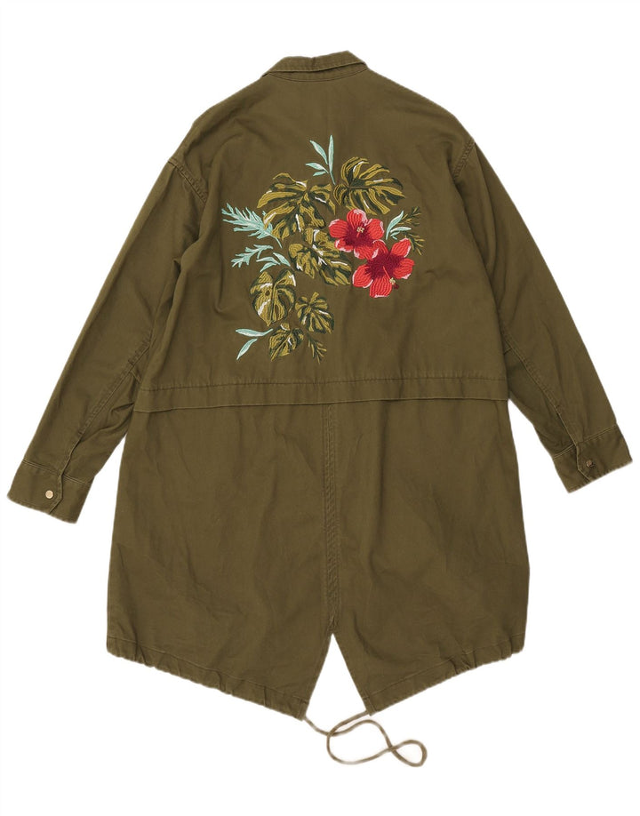 Zara Womens Graphic Oversized Parka Jacket UK 6 XS Khaki Floral Polyester