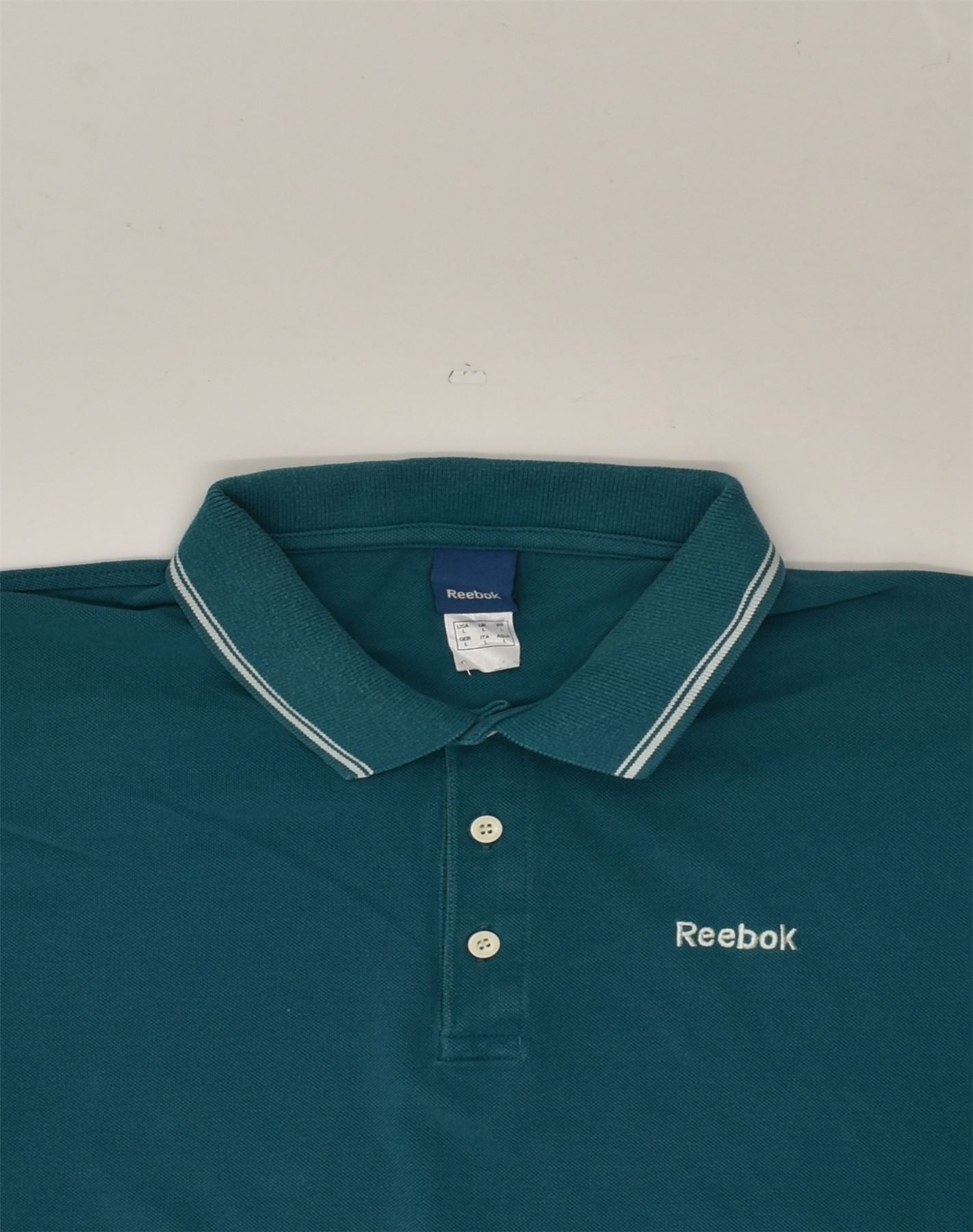 REEBOK Mens Slim Polo Shirt Large Green Cotton Vintage Second Hand Clothing Online Messina Hembry