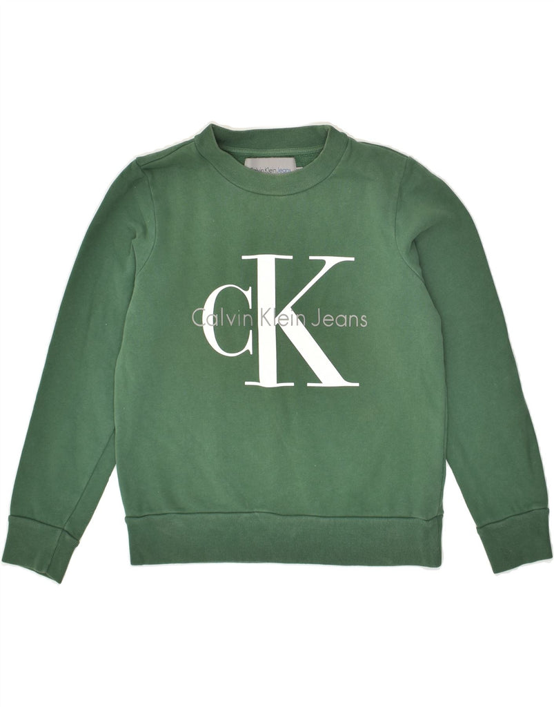 CALVIN KLEIN Womens Graphic Sweatshirt Jumper UK 6 XS Green Cotton | Vintage Calvin Klein | Thrift | Second-Hand Calvin Klein | Used Clothing | Messina Hembry 