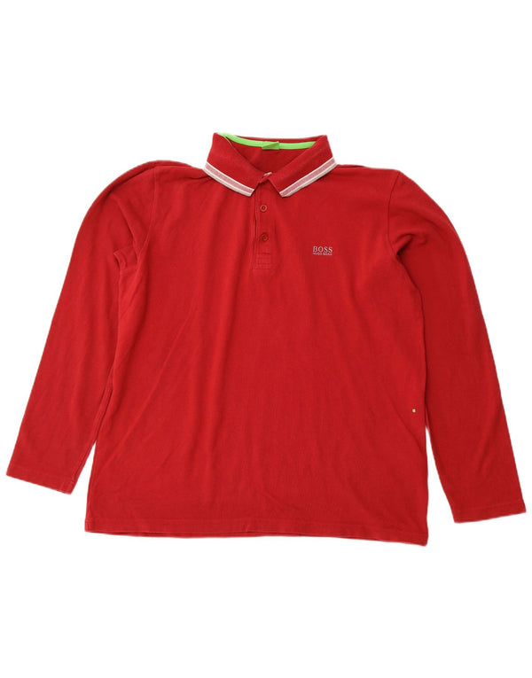 HUGO BOSS Mens Modern Fit Long Sleeve Polo Shirt 2XL Red Cotton