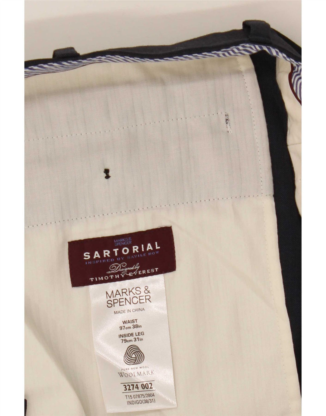 Marks & Spencer Mens Straight Suit Trousers W38 L31 Navy Blue Wool