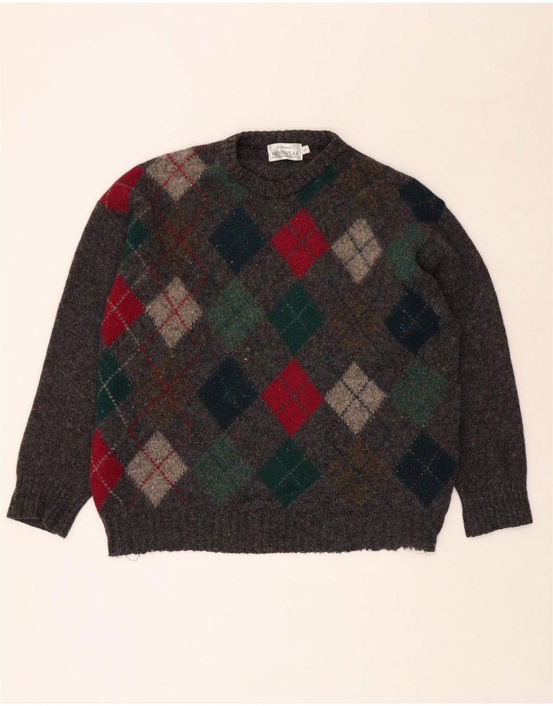 ST. BERNARD Mens Crew Neck Jumper Sweater Large Grey Argyle/Diamond