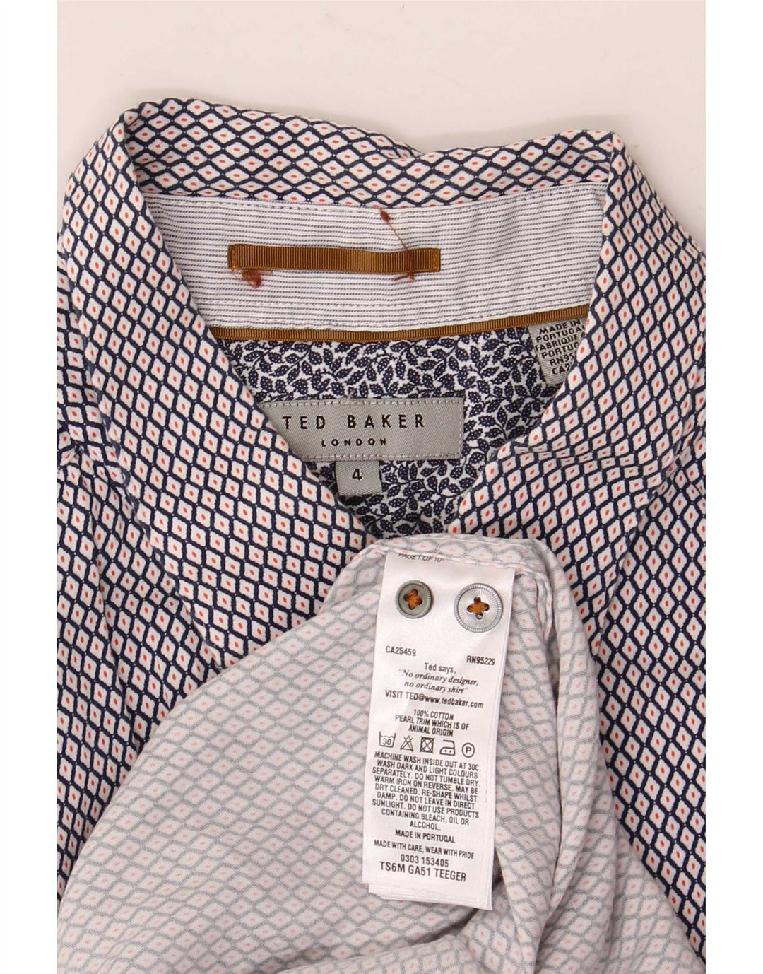 Ted Baker Mens Short Sleeve Shirt Size 4 Large Navy Blue Geometric Cotton