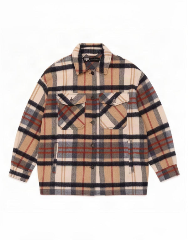 Zara Womens Shacket Oversized Flannel Shirt UK 10 Small Beige Plaid Acrylic