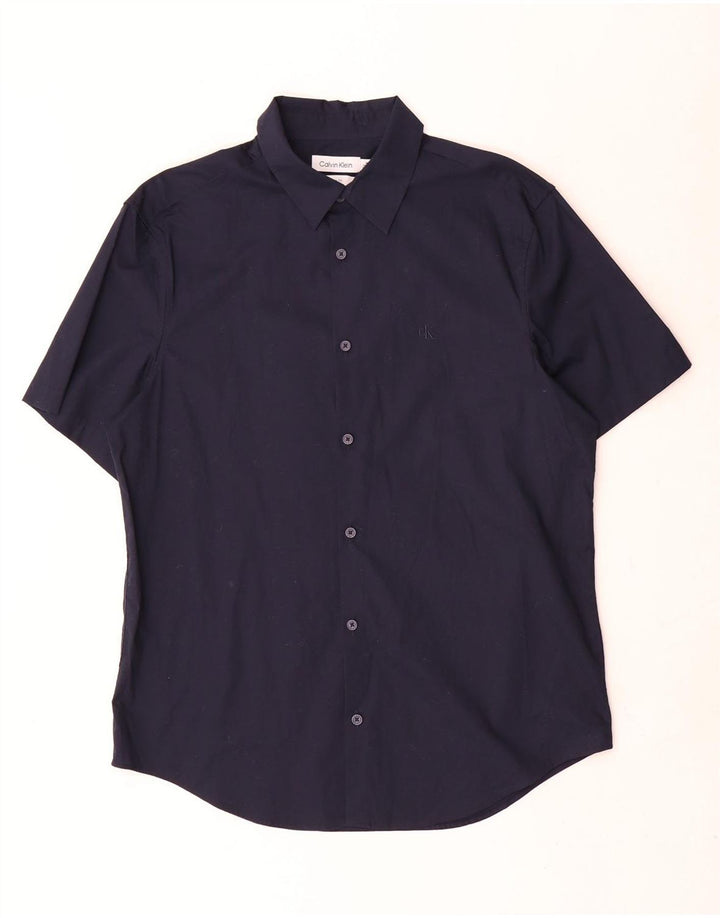 Calvin Klein Mens Short Sleeve Slim Fit Shirt Medium Navy Blue Cotton