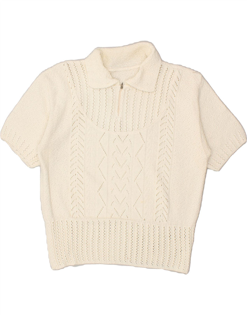 VINTAGE Womens Short Sleeve Polo Neck Jumper Sweater UK 14 Large Off White | Vintage Vintage | Thrift | Second-Hand Vintage | Used Clothing | Messina Hembry 