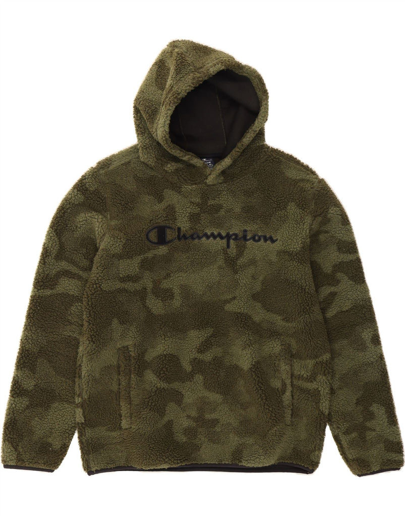 CHAMPION Mens Graphic Hooded Fleece Jumper Medium Green Camouflage Vintage Champion and Second-Hand Champion from Messina Hembry 