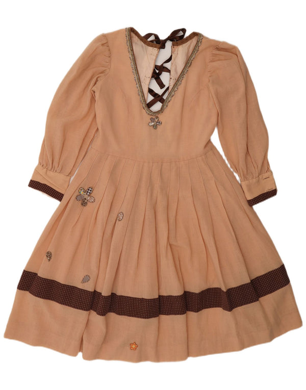 Vintage Womens Graphic A-Line Dress UK 12 Medium Beige Colourblock
