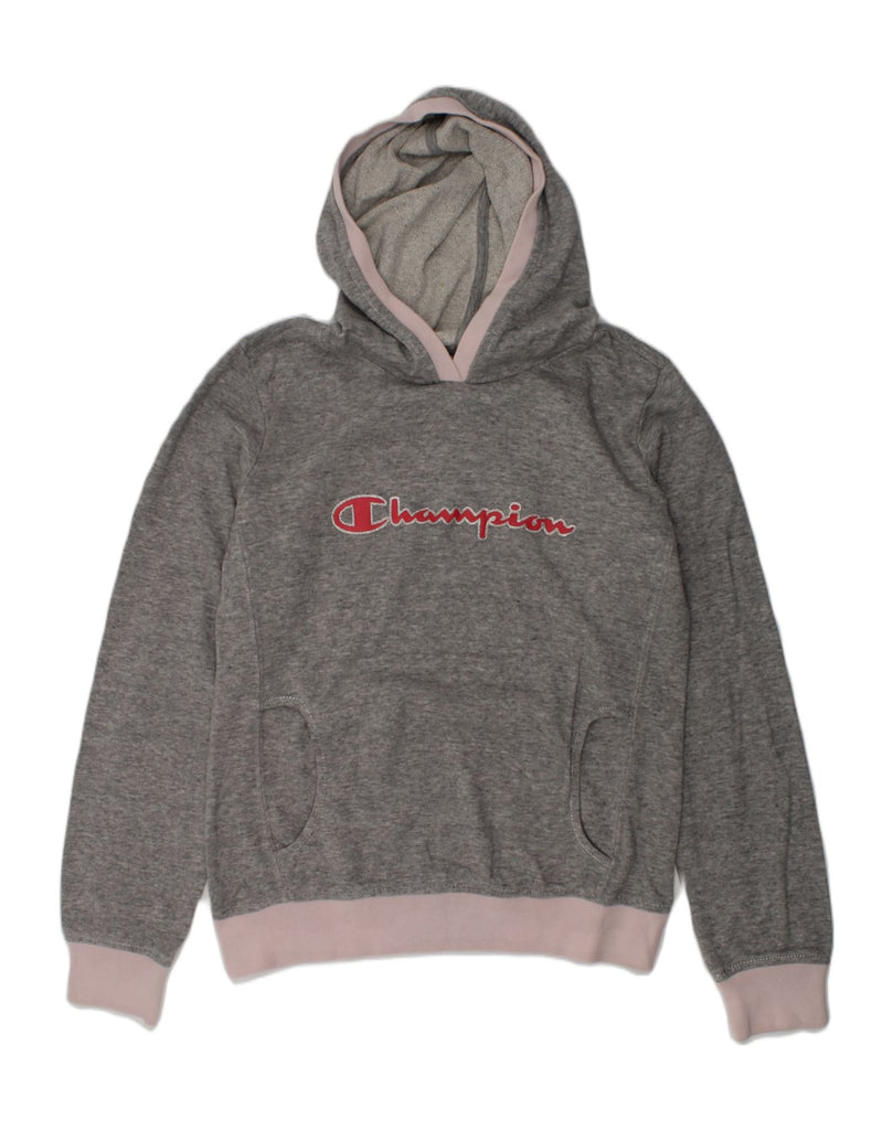 CHAMPION Girls Graphic Hoodie Jumper 9-10 Years Medium Grey Cotton | Vintage Champion | Thrift | Second-Hand Champion | Used Clothing | Messina Hembry 