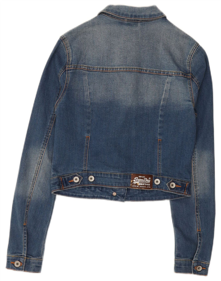 SUPERDRY Womens Crop Denim Jacket UK 8 Small Blue Floral Cotton