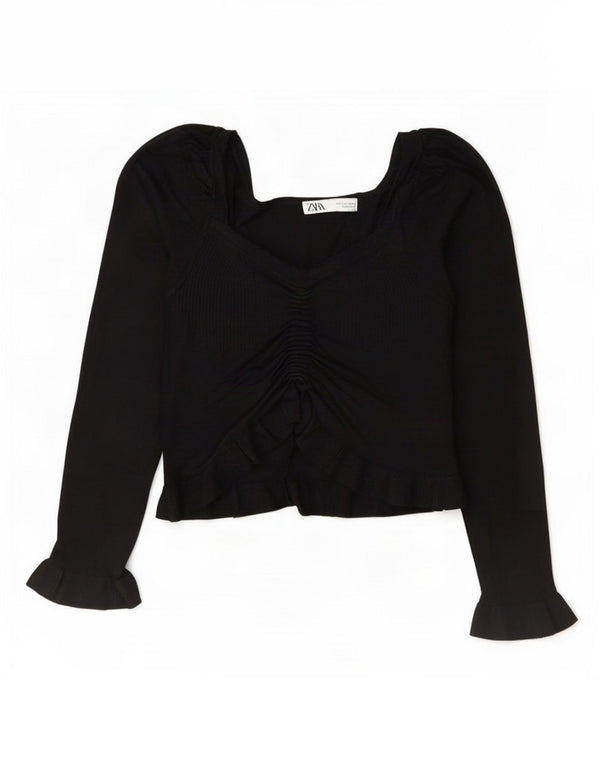 Zara Womens Crop Long Sleeve Blouse Top UK 10 Small Black Viscose