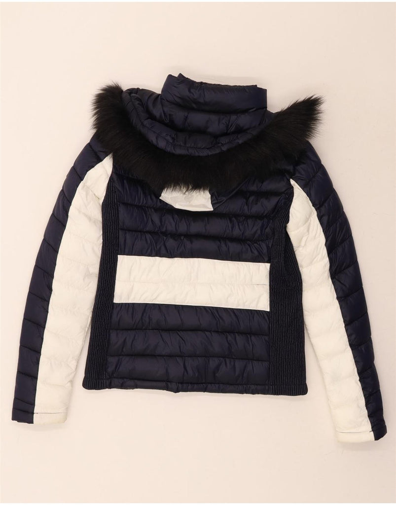 SUPERDRY Womens Hooded Padded Jacket UK 12 Medium Navy Blue Colourblock Vintage Superdry and Second-Hand Superdry from Messina Hembry 