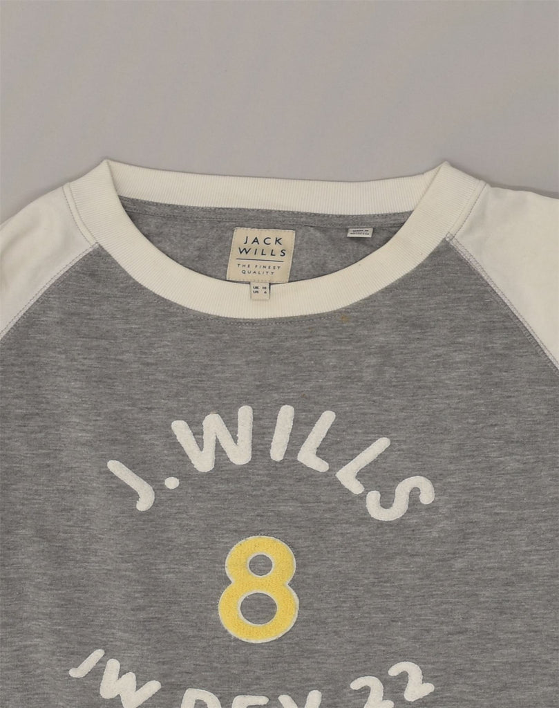 JACK WILLS Womens Crop Graphic Sweatshirt Jumper UK 10 Small Grey | Vintage Jack Wills | Thrift | Second-Hand Jack Wills | Used Clothing | Messina Hembry 