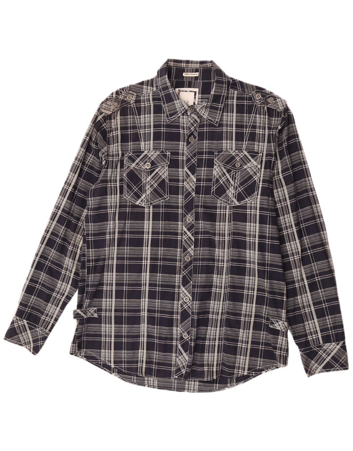 BKE Mens Athletic Fit  Military Shirt Large Navy Blue Check Cotton